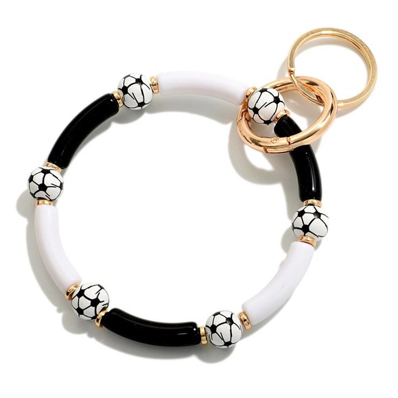 Black White Soccer Tube Beaded Bangle Keyring Key Chain - Picture 1 of 2